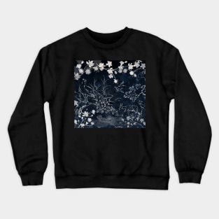 Peacock on dark background with magnolia and sakura tree Crewneck Sweatshirt